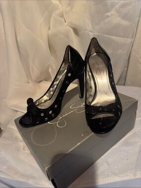 Jessica Simpson Black Patent Peep-Toe Heels with Polka Dot Lining and Bow Accent